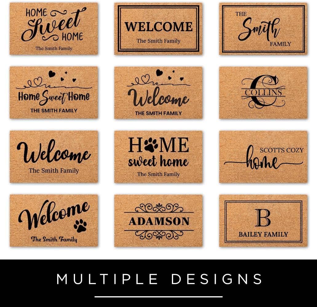 Personalized Door Mat, Custom Welcome Mat with Family Name, Coir Doormat for Front Entryway, Indoor Outdoor Decor, Housewarming, Slip Resistant Backing