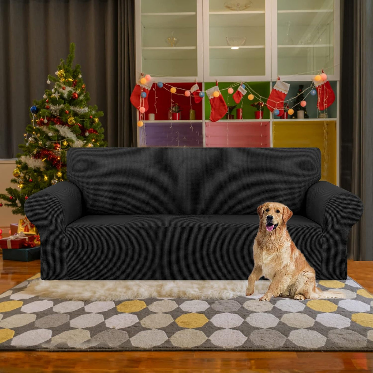 KEKUOU Stretch Couch Covers for Sofa, 3 Cushion Couch Slipcover,Black