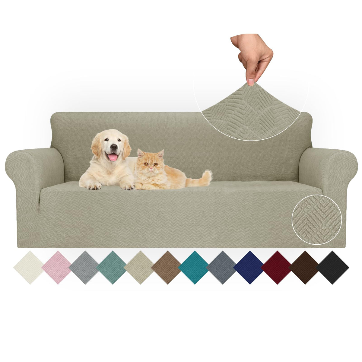 JIVINER High Stretch Couch Covers for 3 Cushion Couch 1-Piece Jacquard Sofa Slipcovers Anti Slip Sofa Cover with Elastic Bottom Furniture Protector for Kids Pets (Sofa, Light Gray and White)