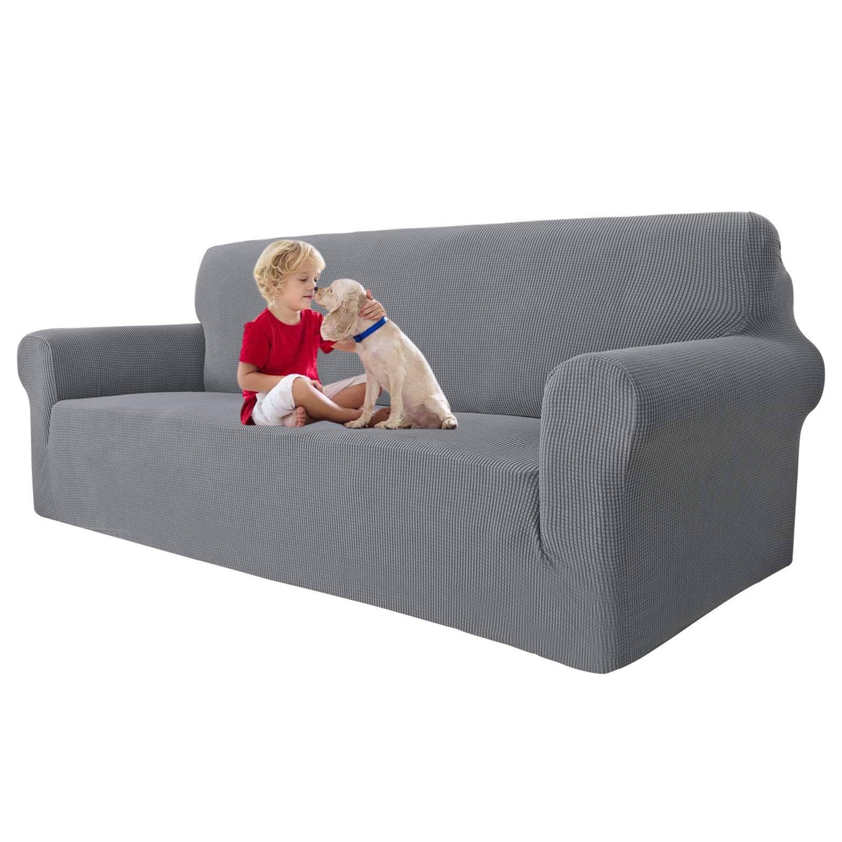 MAXIJIN Super Stretch Couch Cover for 3 Cushion Couch, 1-Piece Universal Sofa Covers Living Room Jacquard Spandex Furniture Protector Dogs Pet Friendly Fitted (Large, Gray)