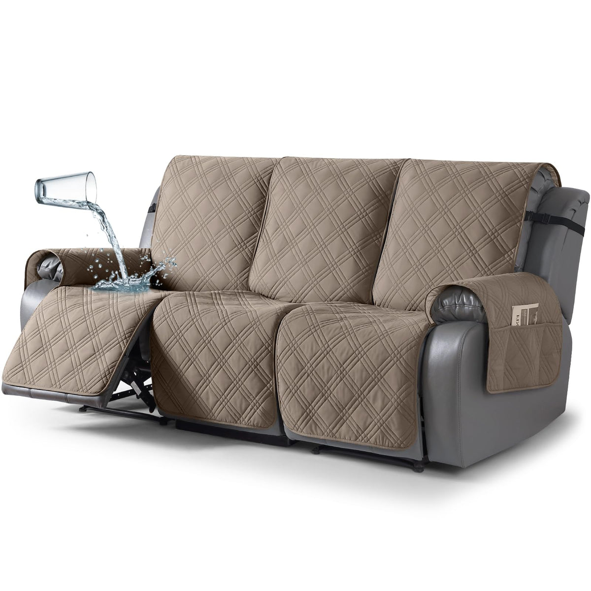 TAOCOCO 100% Waterproof Recliner Sofa Cover Non Slip Couch Cover for 3 Seat Reclining Sofa, Split Reclining Couch Covers 3-Piece with Straps, Washable Sofa Slipcover for Kids Pets(3 Seater, Chocolate)