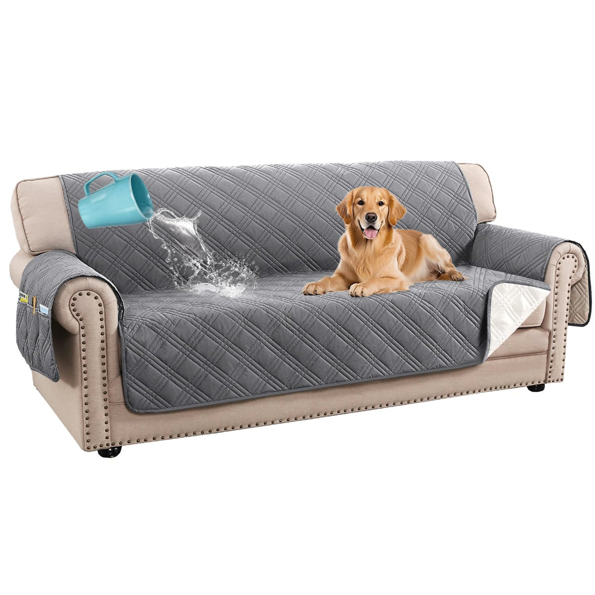 H.VERSAILTEX 100% Waterproof Couch Covers for 3 Cushion Couch Sofa Modern Sofa Slipcovers with Elastic Straps Thick Soft Furniture Protector Pet Friendly(Sofa, Grey/Beige)