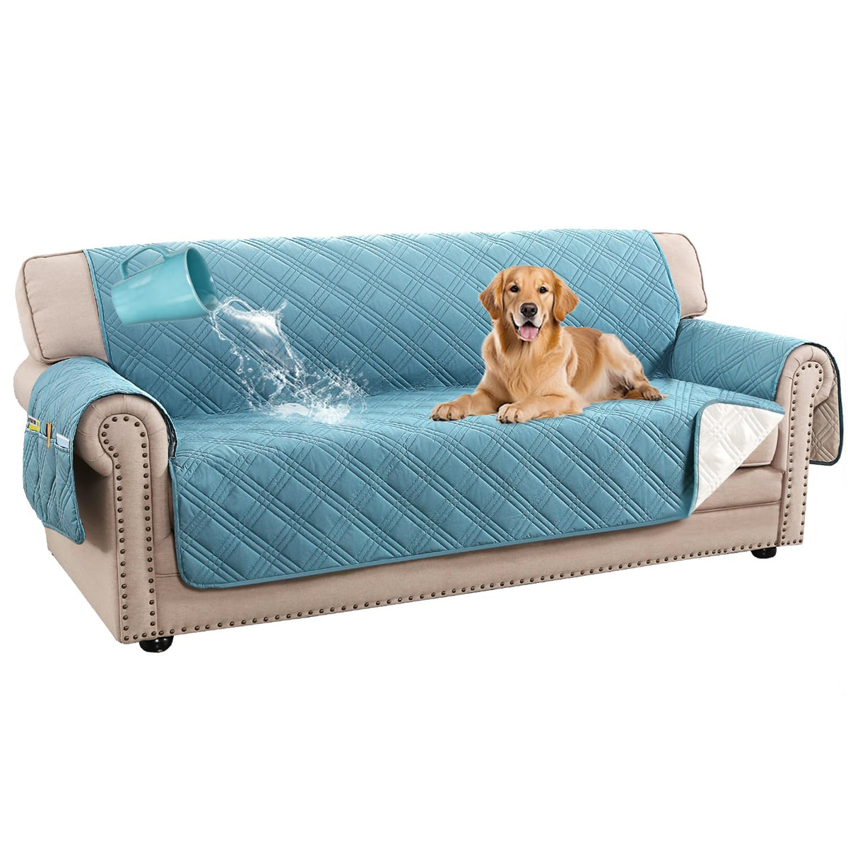 H.VERSAILTEX 100% Waterproof Couch Covers for 3 Cushion Couch Sofa Modern Sofa Slipcovers with Elastic Straps Thick Soft Furniture Protector Pet Friendly(Sofa, Grey/Beige)