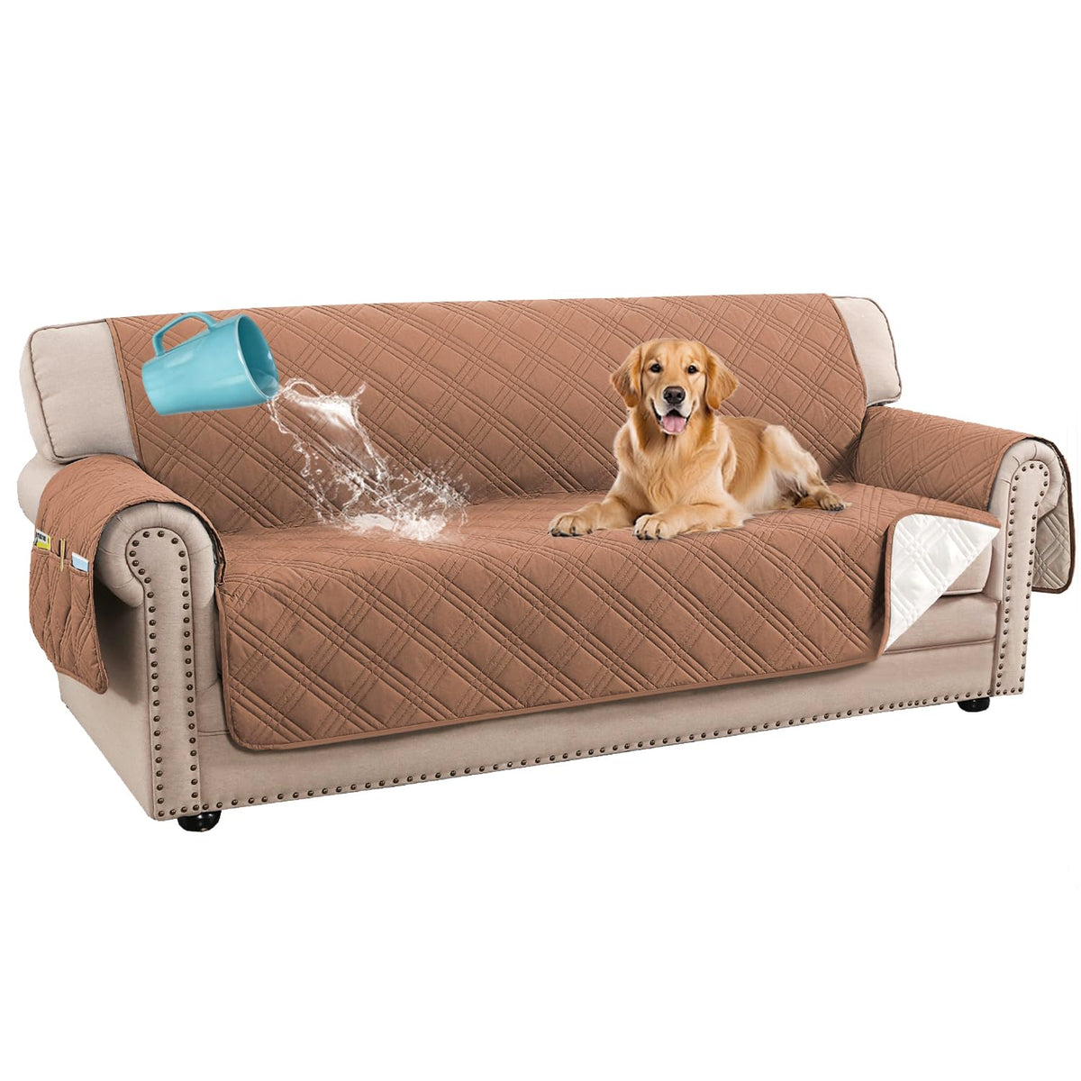 H.VERSAILTEX 100% Waterproof Couch Covers for 3 Cushion Couch Sofa Modern Sofa Slipcovers with Elastic Straps Thick Soft Furniture Protector Pet Friendly(Sofa, Grey/Beige)