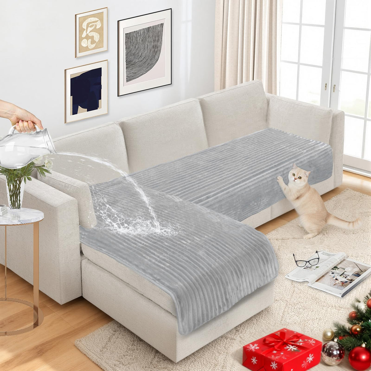 NAISI Couch Covers for Dogs Waterproof Flannel Striped Sofa Cover Pet Friendly Washable Dog Mat for Couch Anti Slip Sectional Sofa Slipcover Protector(2pcs/35"x63"+35"x70",Dark Grey)