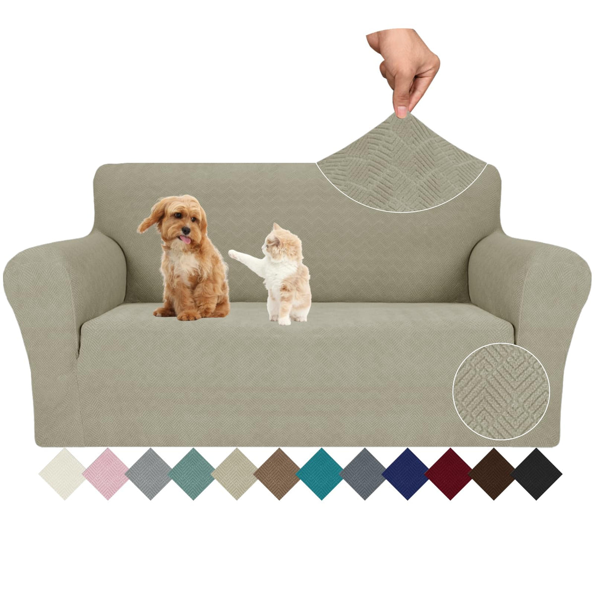 JIVINER High Stretch Couch Covers for 3 Cushion Couch 1-Piece Jacquard Sofa Slipcovers Anti Slip Sofa Cover with Elastic Bottom Furniture Protector for Kids Pets (Sofa, Light Gray and White)