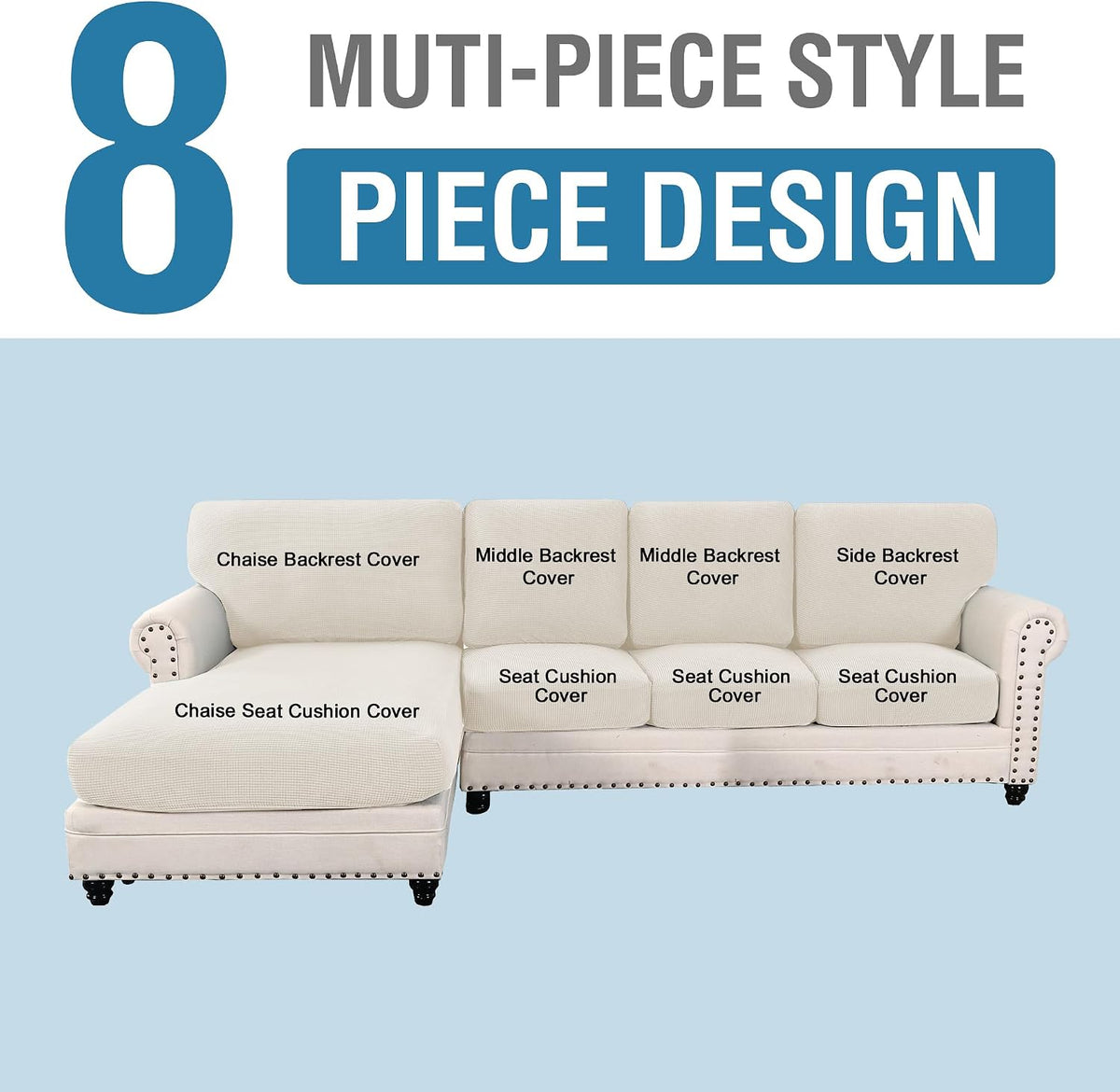 H.VERSAILTEX Sectional Couch Covers 8 Pieces Stretch Sofa Covers for Sectional Sofa Set Separate L Shaped Couch Cover for Both Left/Right Couch (Seat and Back: 1 Chaise + 3 Sofa, Ivory)