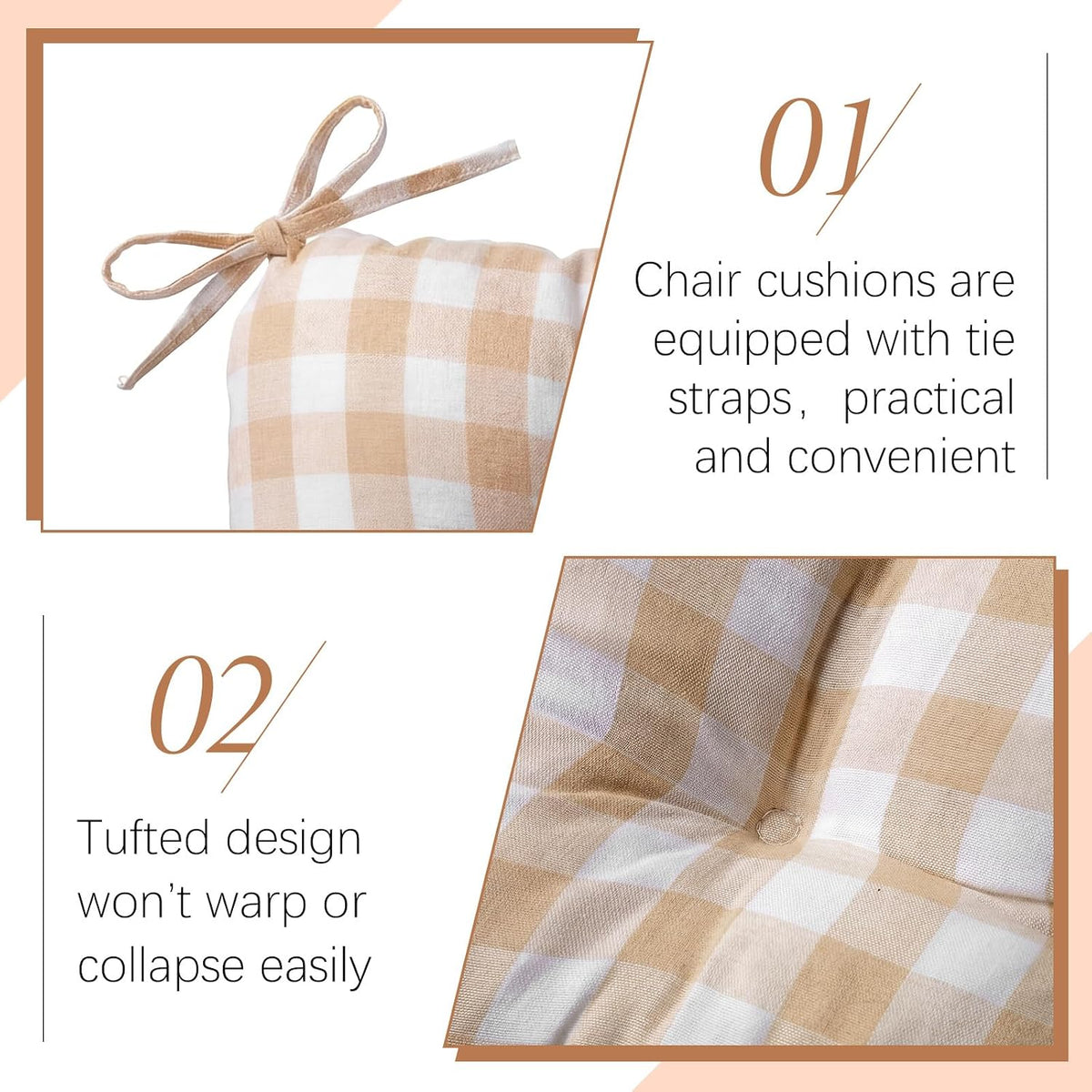 Geetery 4 Pack Chair Cushions, 16" x 15",Khaki and White,Plaid