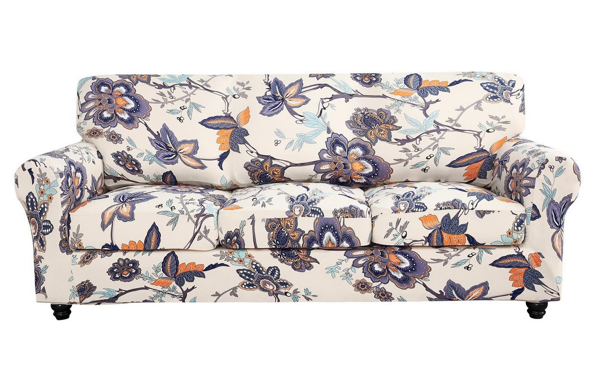 SearchI Stretch Sofa Cover Printed Couch Cover, Floral Pattern 4 Pieces Sofa Slipcover with 3 Separate Cushion Cover, Washable Furniture Protector for Living Room(Sofa, Yellow+Flower)