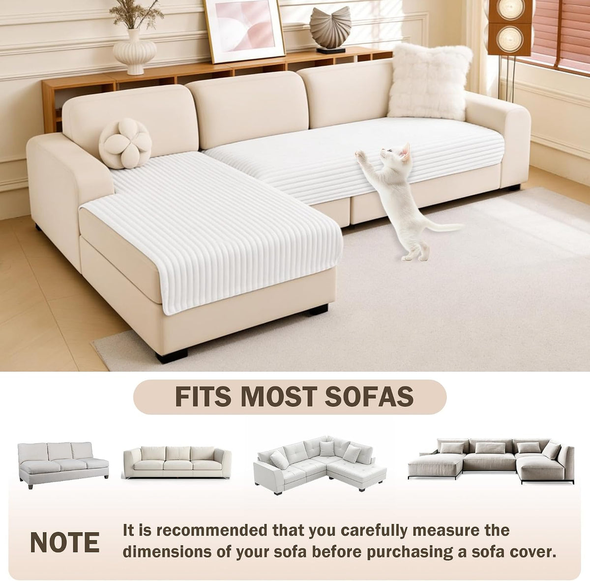 MEETSKY 100% Waterproof Couch Covers for Sectional Sofa, Non Slip Couch Cover for Dogs, 2 Pieces Pet Sofa Covers for 2 Cushion L Shape, Washable Soft Sofa Slipcover, Cream, Large, 35"x63"+35"x63"