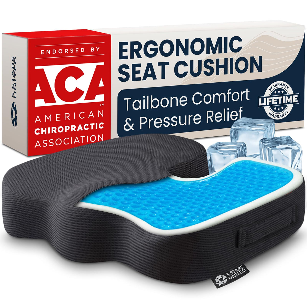5 STARS UNITED Seat Cushion - Memory Foam Chair Pad for Tailbone Pain Relief - Ergonomic Support for Coccyx, Sciatica & Butt - Office, Desk & Gaming Chair, Car Seat, Wheelchair, Airplane, Black