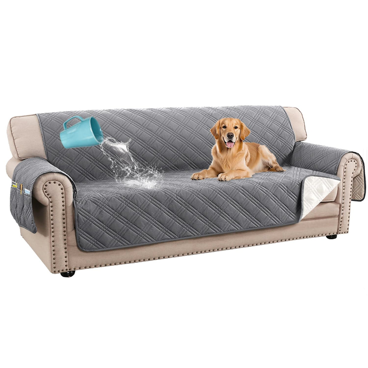 H.VERSAILTEX 100% Waterproof Couch Covers for 3 Cushion Couch Sofa Modern Sofa Slipcovers with Elastic Straps Thick Soft Furniture Protector Pet Friendly(Sofa, Grey/Beige)