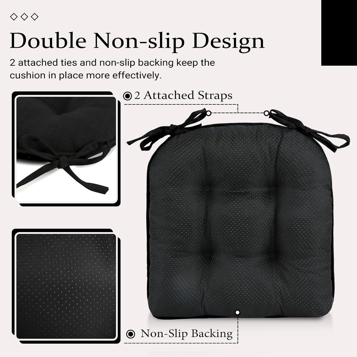 Wellsin Chair Cushions for Dining Chairs, Non-Slip Kitchen Chair Pads with Ties, Tufted Shredded Foam Kitchen Chair Cushions Set of 4, 15.5" X 15.5", Black