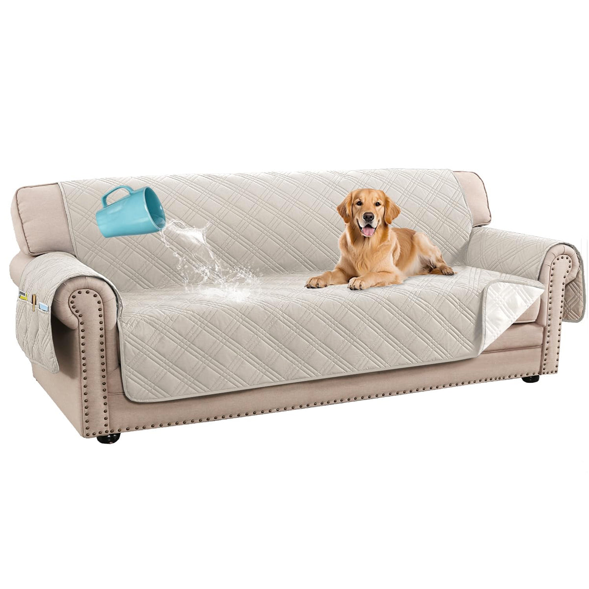 H.VERSAILTEX 100% Waterproof Couch Covers for 3 Cushion Couch Sofa Modern Sofa Slipcovers with Elastic Straps Thick Soft Furniture Protector Pet Friendly(Sofa, Grey/Beige)