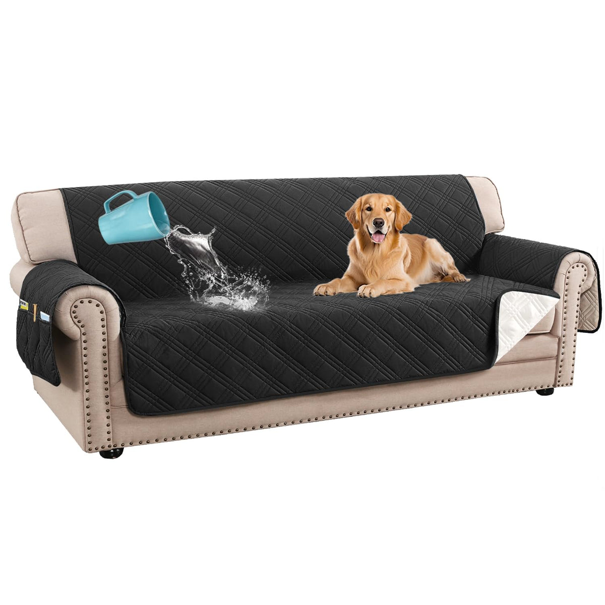 H.VERSAILTEX 100% Waterproof Couch Covers for 3 Cushion Couch Sofa Modern Sofa Slipcovers with Elastic Straps Thick Soft Furniture Protector Pet Friendly(Sofa, Grey/Beige)