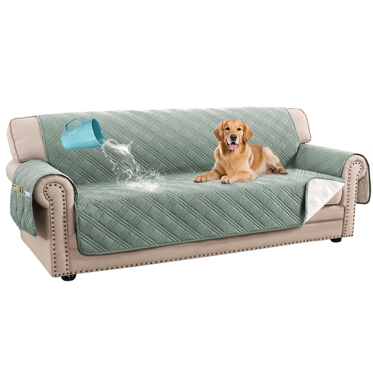 H.VERSAILTEX 100% Waterproof Couch Covers for 3 Cushion Couch Sofa Modern Sofa Slipcovers with Elastic Straps Thick Soft Furniture Protector Pet Friendly(Sofa, Grey/Beige)