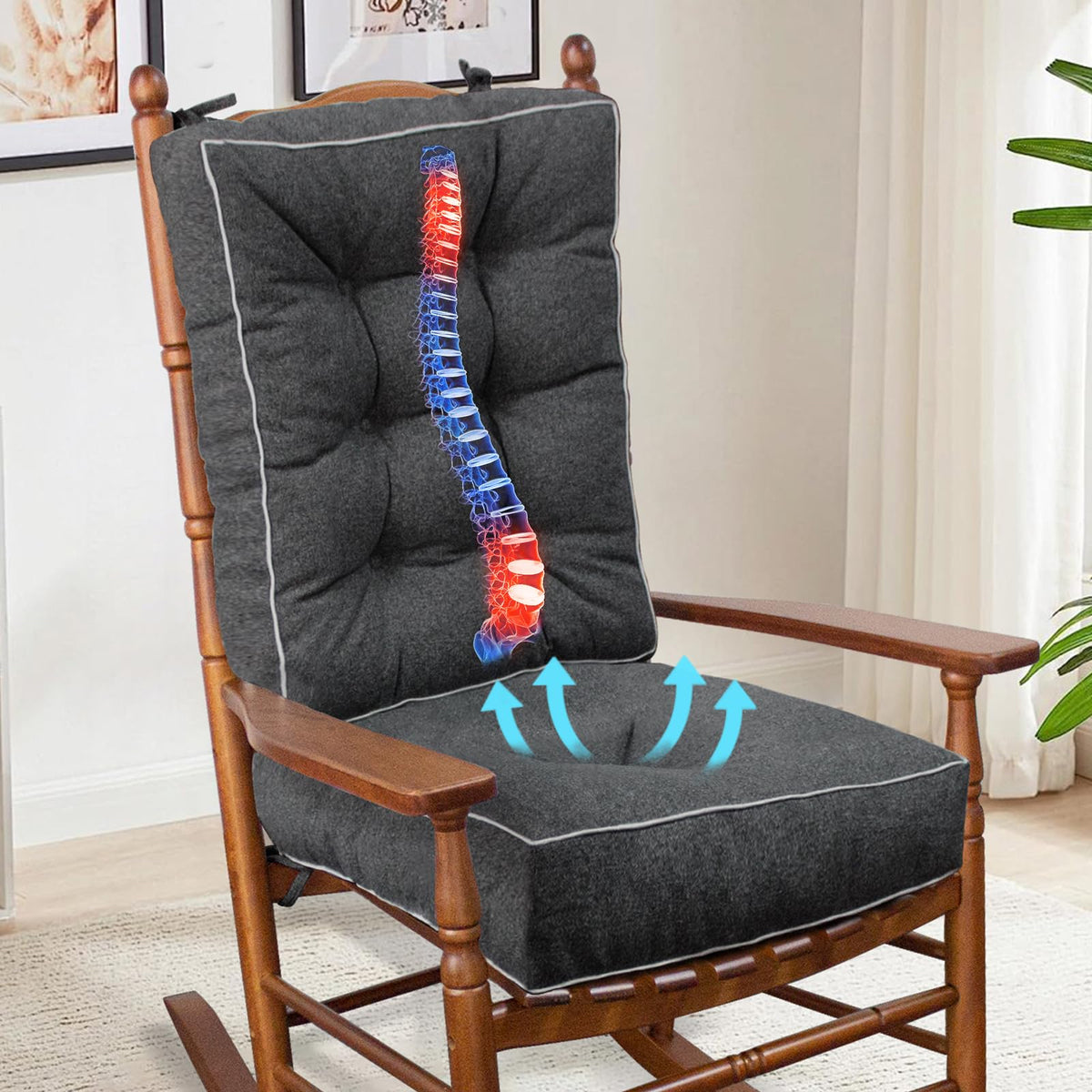 YZ HOME Rocking Chair Cushion,Set of Thicken Seat & Back Chair Cushions with Memory Foam,Non-Slip Chair Pad with Ties for for Indoor&Outdoor Rocker,Beige,22x17x5/17x17x5