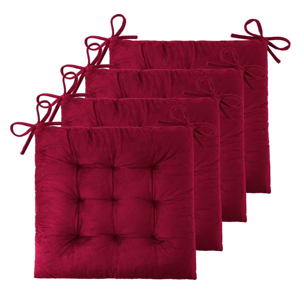 ELFJOY Set of 4 Square Chair Pads Indoor Seat Cushions Pillows with Ties Thick Soft Seat Cushion for Kitchen Dining Office Chair (18", Red)