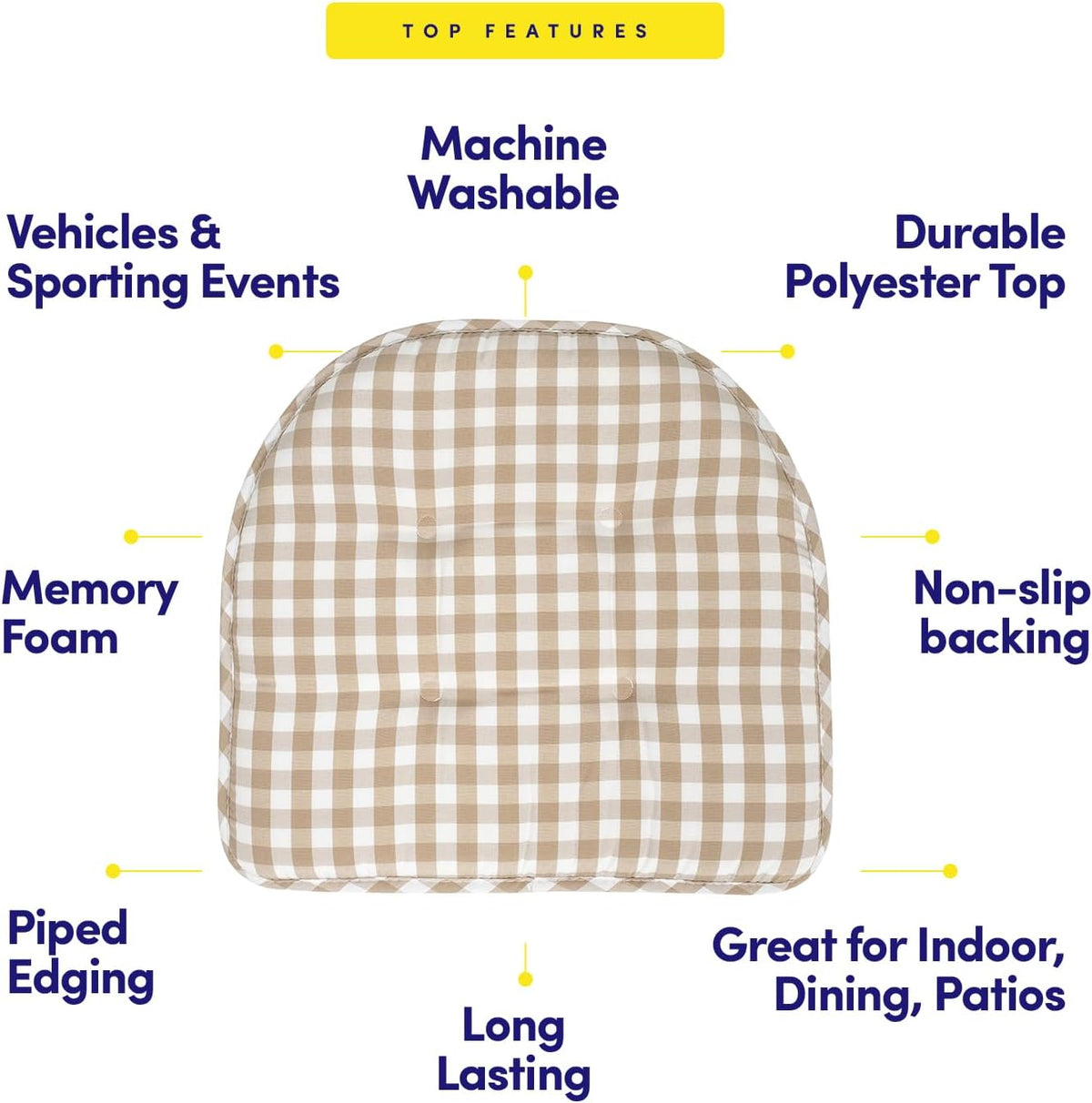 Sweet Home Collection Chair Cushion Memory Foam Pads Tufted Slip Non Skid Rubber Back U-Shaped 17" x 16" Seat Cover, 6 Pack, Checkered Taupe/White