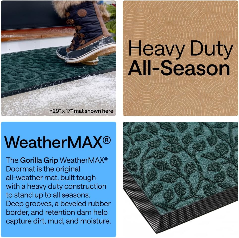 GORILLA GRIP WeatherMAX Door Mat, Indoor Outdoor Use, 29x17, Green Leaves