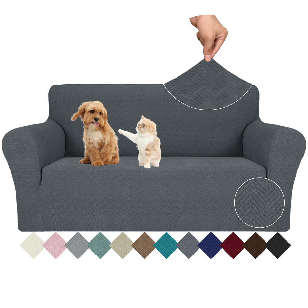 JIVINER High Stretch Couch Covers for 3 Cushion Couch 1-Piece Jacquard Sofa Slipcovers Anti Slip Sofa Cover with Elastic Bottom Furniture Protector for Kids Pets (Sofa, Light Gray and White)