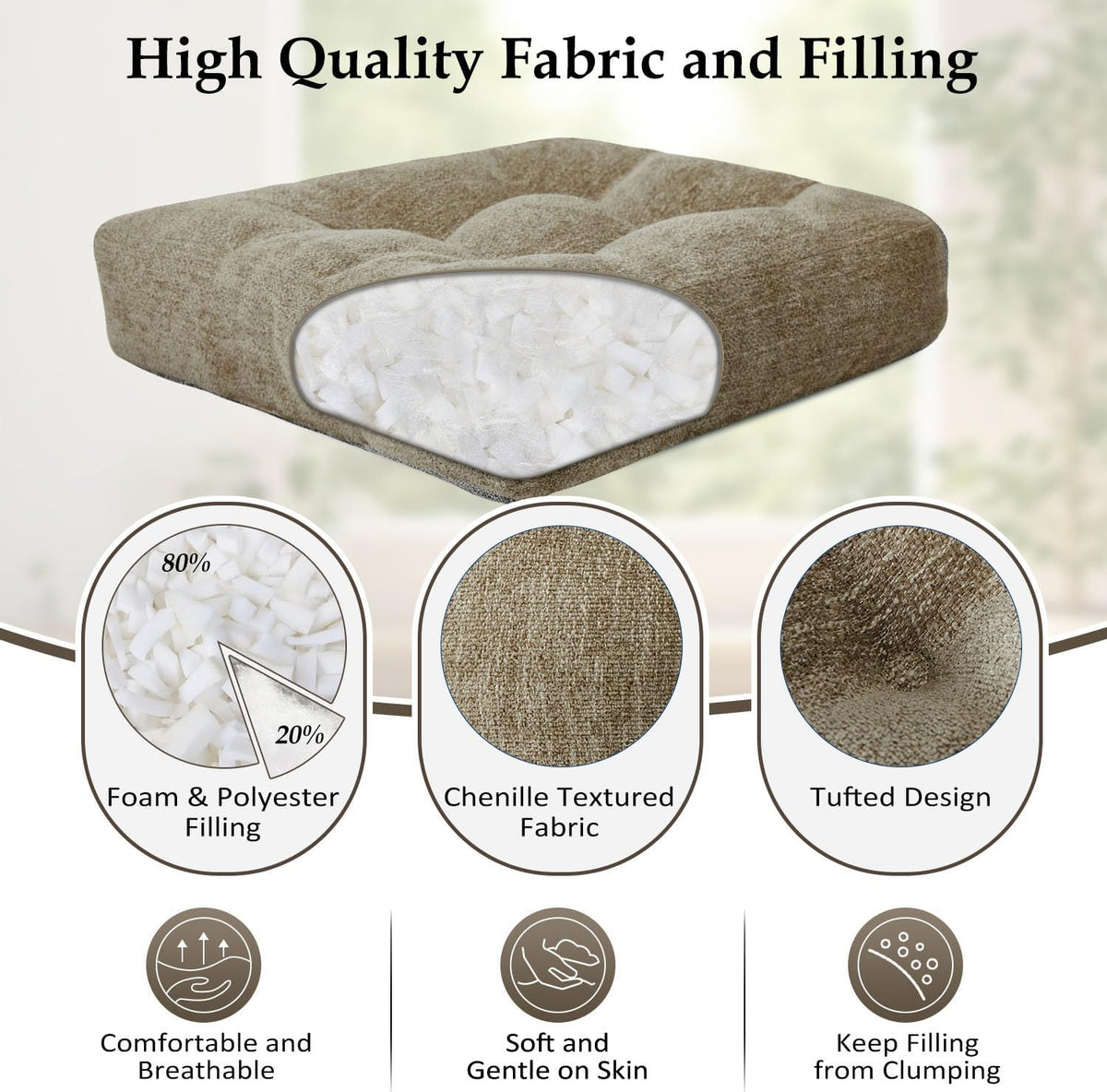 downluxe Chair Cushions for Dining Chairs 4 Pack, Tufted Indoor Chair Pads with Non-Slip Bottom, U-Shaped Kitchen Chair Cushions, 17"x17"x4", Khaki