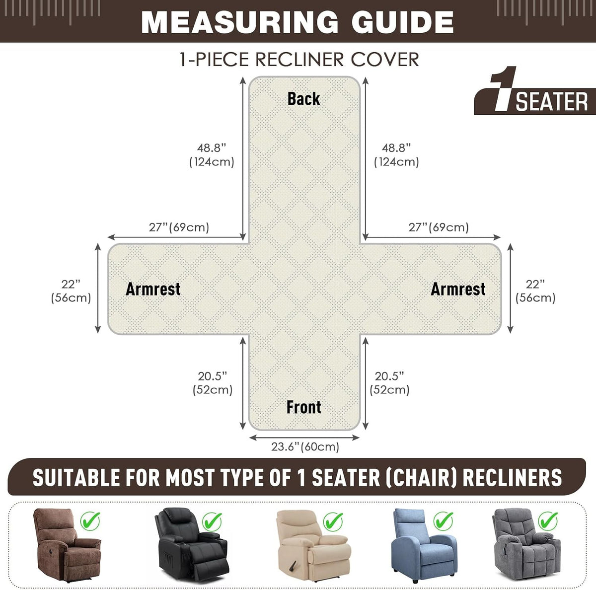 TAOCOCO 100% Waterproof Recliner Chair Cover, Non Slip Covers for Recliner Chair with Pocket, Washable Reclining Chair/Furniture Protector for Kids, Pets(23.6'', Chocolate)