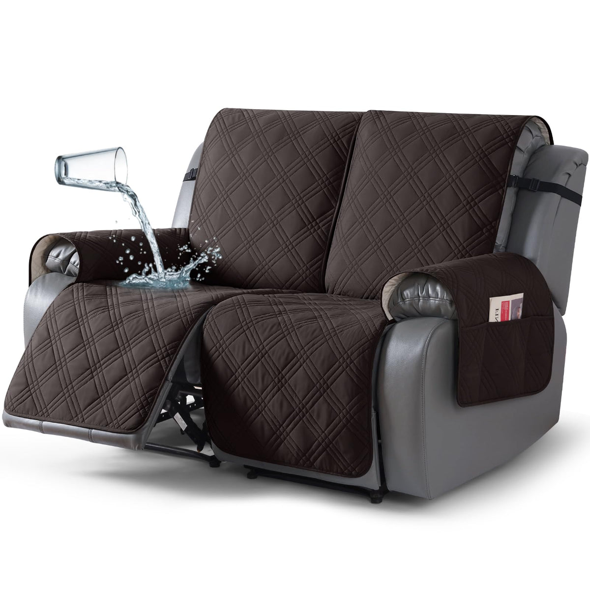 TAOCOCO 100% Waterproof Recliner Sofa Cover Non Slip Couch Cover for 3 Seat Reclining Sofa, Split Reclining Couch Covers 3-Piece with Straps, Washable Sofa Slipcover for Kids Pets(3 Seater, Chocolate)