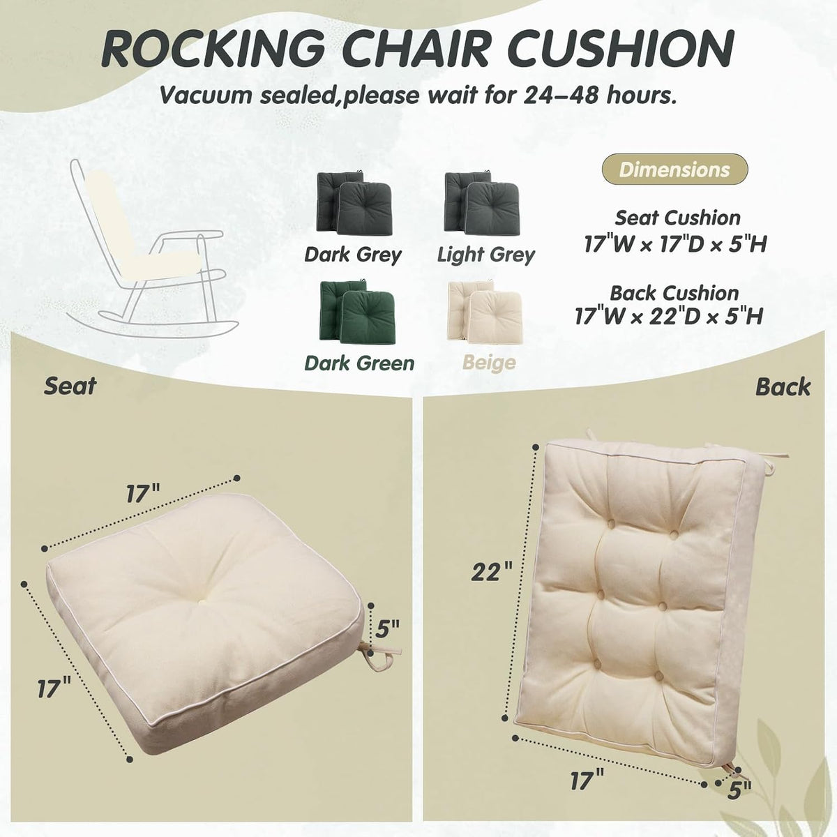 YZ HOME Rocking Chair Cushion,Set of Thicken Seat & Back Chair Cushions with Memory Foam,Non-Slip Chair Pad with Ties for for Indoor&Outdoor Rocker,Beige,22x17x5/17x17x5
