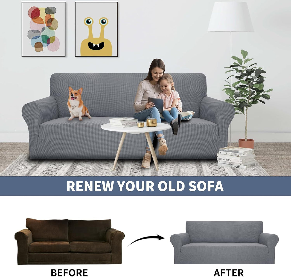 JIVINER High Stretch Couch Covers for 3 Cushion Couch 1-Piece Jacquard Sofa Slipcovers Fitted Washable Sofa Covers with Elastic Bottom Furniture Protector for Kids Pets (Sofa, Light Gray)