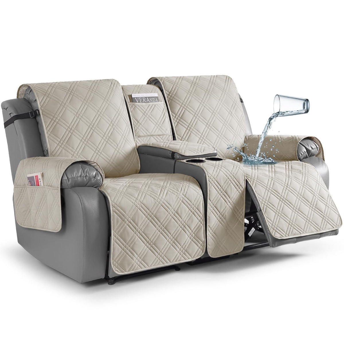 TAOCOCO Loveseat Recliner Cover with Center Console, 100% Waterproof Pet Cover for Dual Recliner with Straps Design, Split Reclining Loveseat Covers Furniture Pet&Kids Protector (2 Seater, Chocolate)
