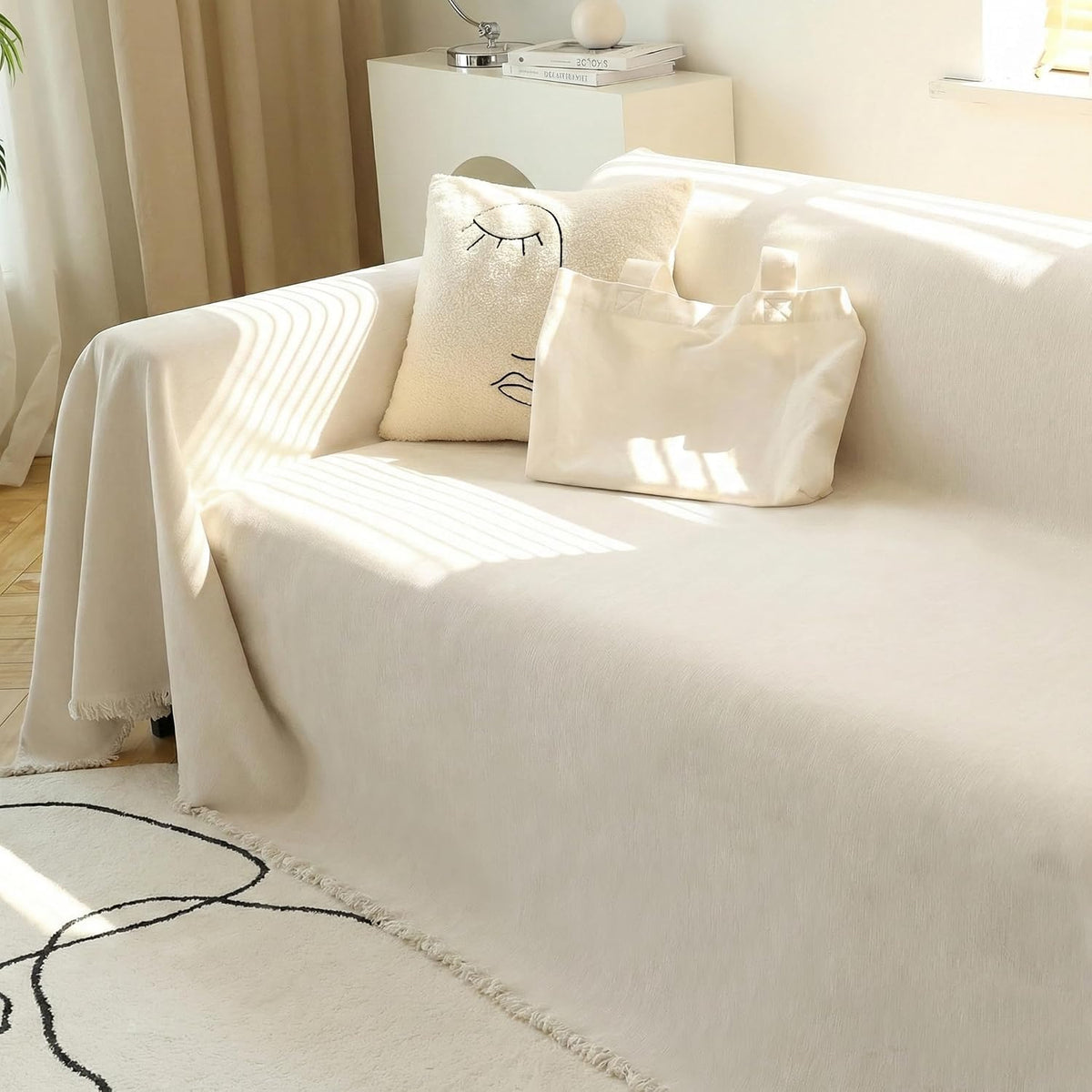 MEETSKY Couch Cover Sofa Covers Couch Covers for 3 Cushion Couch Sofa Pet Friendly, L Shaped Sectional Sofa Covers Washable Simply Put Sofa Throw Cover for Dogs, 91" x 134", Beige