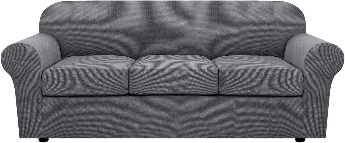 H.VERSAILTEX 4 Piece Stretch Sofa Covers for 3 Cushion Couch Covers for Living Room Furniture Slipcovers (Base Cover Plus 3 Seat Cushion Covers) Upgraded Thicker Jacquard Fabric (Sofa, Grey)