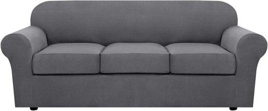 H.VERSAILTEX 4 Piece Stretch Sofa Covers for 3 Cushion Couch Covers for Living Room Furniture Slipcovers (Base Cover Plus 3 Seat Cushion Covers) Upgraded Thicker Jacquard Fabric (Sofa, Grey)
