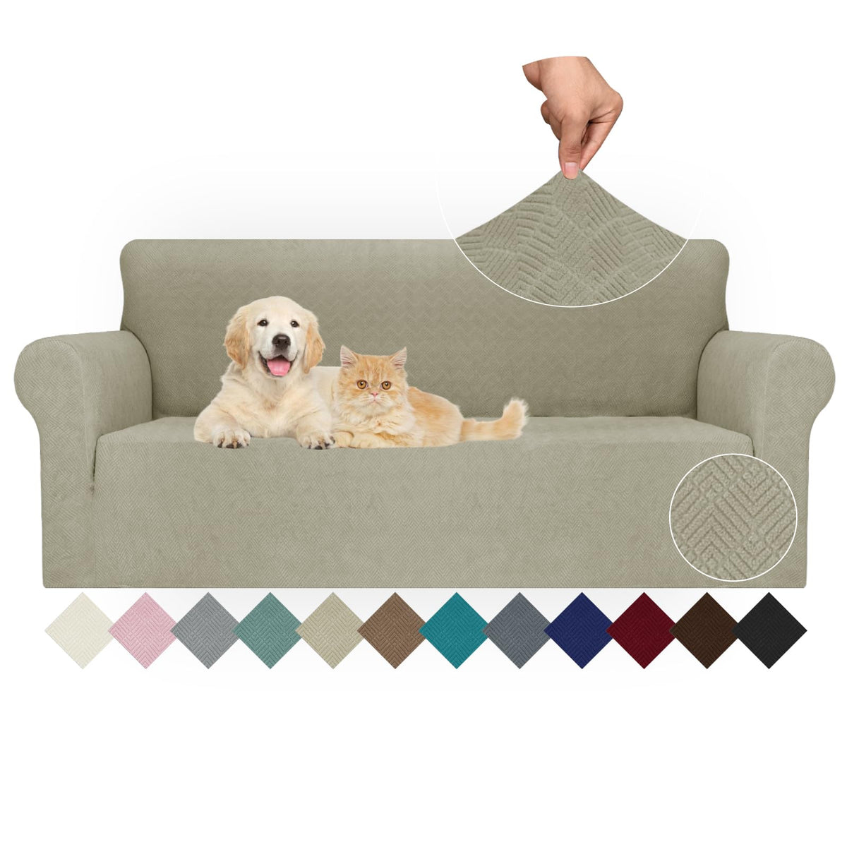 JIVINER High Stretch Couch Covers for 3 Cushion Couch 1-Piece Jacquard Sofa Slipcovers Anti Slip Sofa Cover with Elastic Bottom Furniture Protector for Kids Pets (Sofa, Light Gray and White)