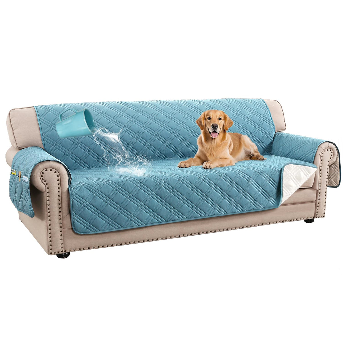H.VERSAILTEX 100% Waterproof Couch Covers for 3 Cushion Couch Sofa Modern Sofa Slipcovers with Elastic Straps Thick Soft Furniture Protector Pet Friendly(Sofa, Grey/Beige)