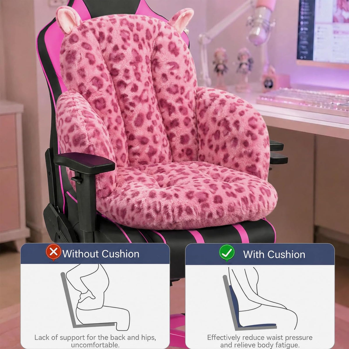 DOBUONO Comfy Office Chair Cushion: 17.5" L x 17.5" W x 18" H Cute Seat Cushion Kawaii Cushion for Gaming Chair with Backrest Non-Slip Floor Seating for Adults and Pets Pink Stuff for Room Decor
