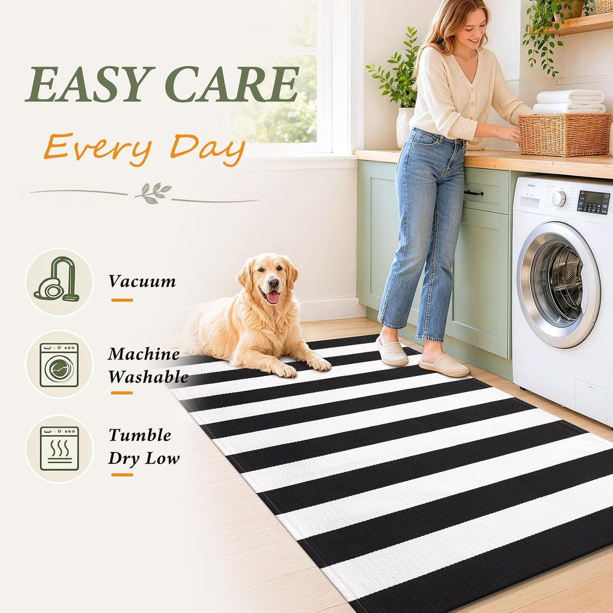 Smiry Black and White Striped Entryway Rug, Front Door Mat and Porch Decor