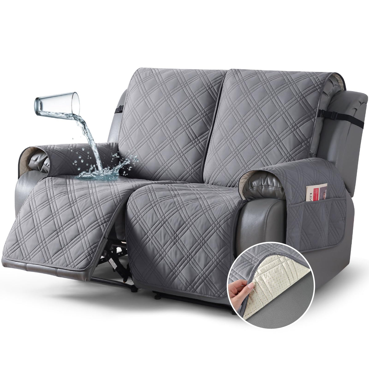 TAOCOCO 100% Waterproof Recliner Sofa Cover Non Slip Couch Cover for 3 Seat Reclining Sofa, Split Reclining Couch Covers 3-Piece with Straps, Washable Sofa Slipcover for Kids Pets(3 Seater, Chocolate)
