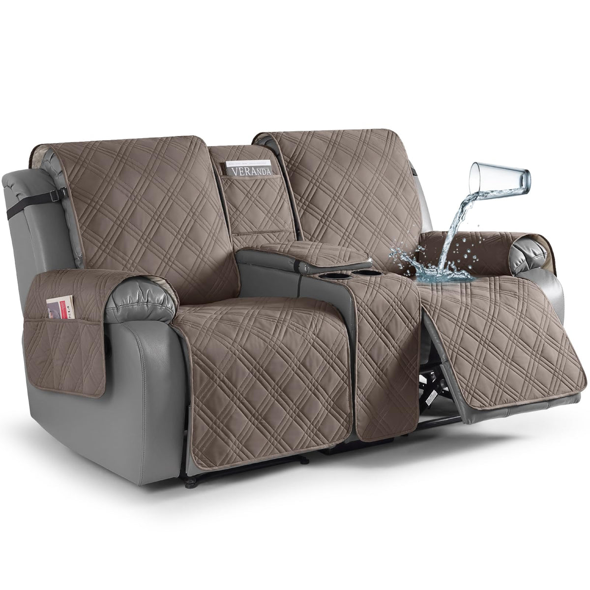 TAOCOCO Loveseat Recliner Cover with Center Console, 100% Waterproof Pet Cover for Dual Recliner with Straps Design, Split Reclining Loveseat Covers Furniture Pet&Kids Protector (2 Seater, Chocolate)