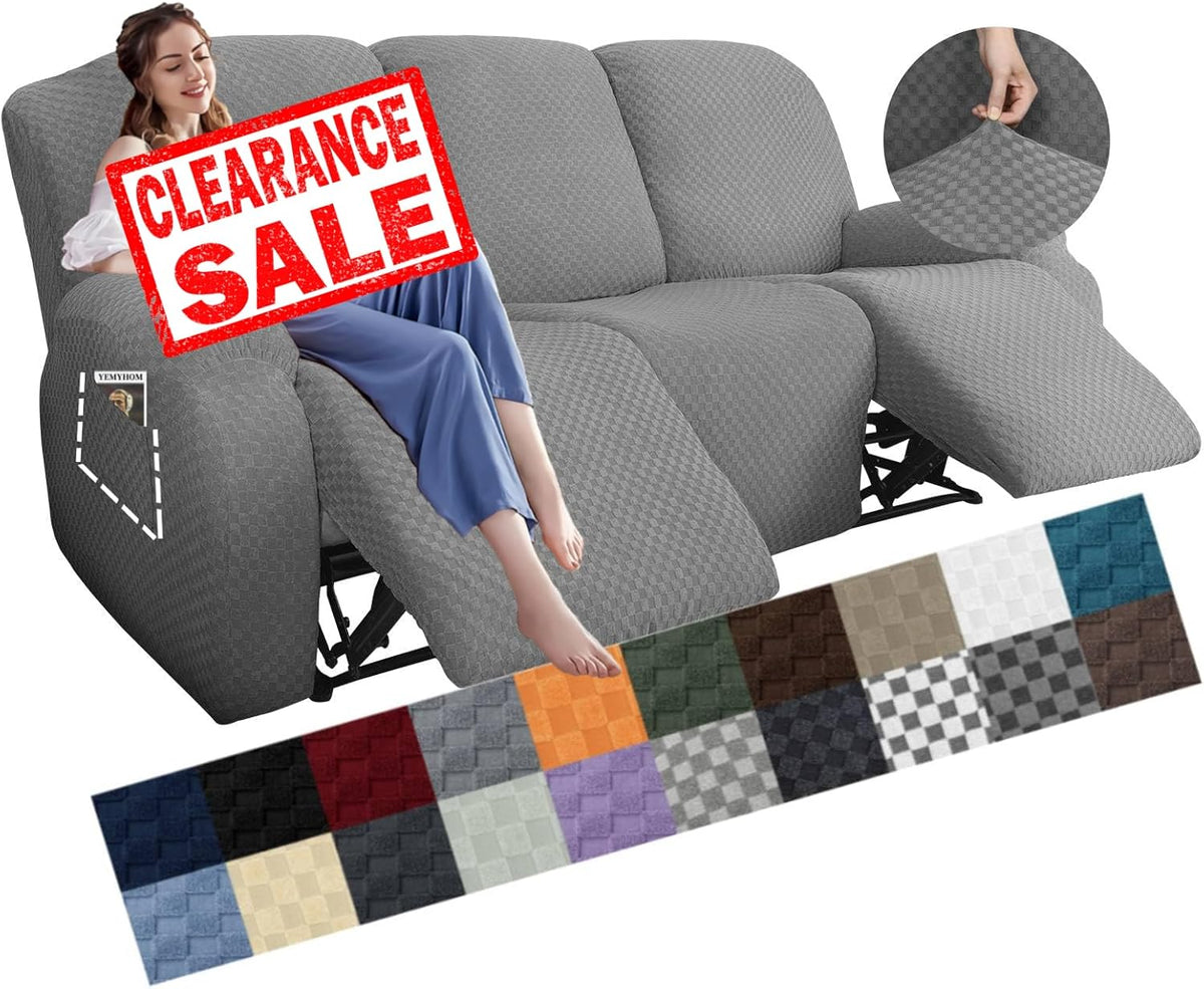 YEMYHOM 8 Pieces Stretch Recliner Sofa Cover Latest Jacquard Reclining Couch Cover with Side Pocket Anti-Slip Fitted 3 Cushion Furniture Slipcovers with Elastic Bottom (Sofa Recliner, Light Gray)