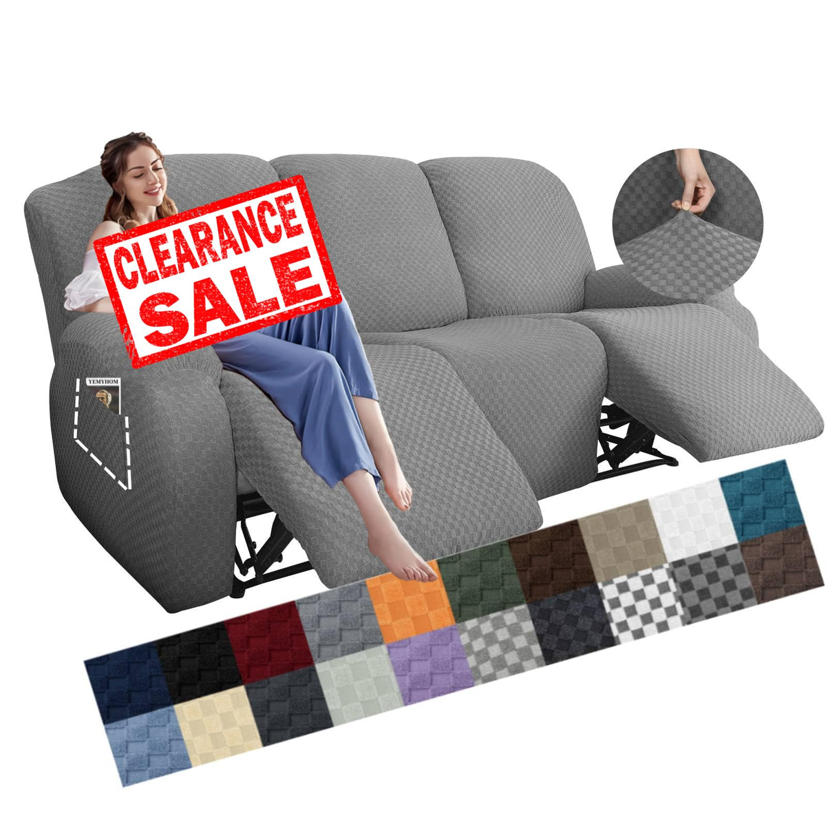 YEMYHOM 8 Pieces Stretch Recliner Sofa Cover Latest Jacquard Reclining Couch Cover with Side Pocket Anti-Slip Fitted 3 Cushion Furniture Slipcovers with Elastic Bottom (Sofa Recliner, Light Gray)