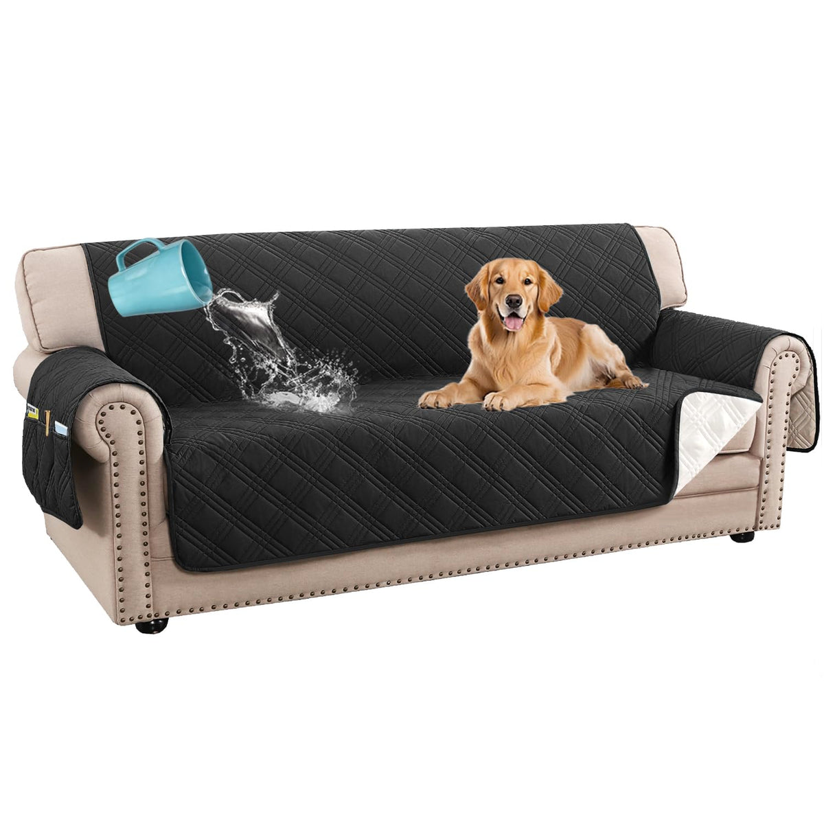 H.VERSAILTEX 100% Waterproof Couch Covers for 3 Cushion Couch Sofa Modern Sofa Slipcovers with Elastic Straps Thick Soft Furniture Protector Pet Friendly(Sofa, Grey/Beige)