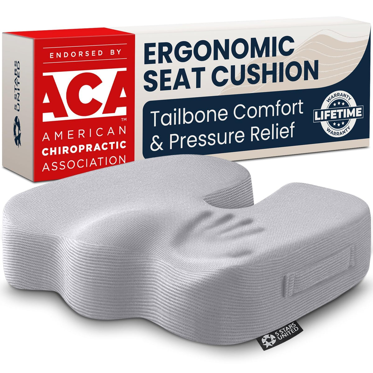 5 STARS UNITED Seat Cushion - Memory Foam Chair Pad for Tailbone Pain Relief - Ergonomic Support for Coccyx, Sciatica & Butt - Office, Desk & Gaming Chair, Car Seat, Wheelchair, Airplane, Black