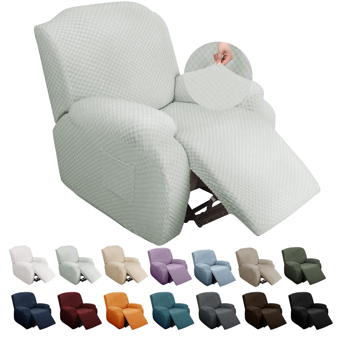 YEMYHOM 8 Pieces Stretch Recliner Sofa Cover Latest Jacquard Reclining Couch Cover with Side Pocket Anti-Slip Fitted 3 Cushion Furniture Slipcovers with Elastic Bottom (Sofa Recliner, Light Gray)