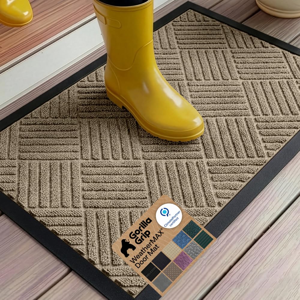 GORILLA GRIP WeatherMAX Door Mat, Indoor Outdoor Use, 29x17 Gray Diamond