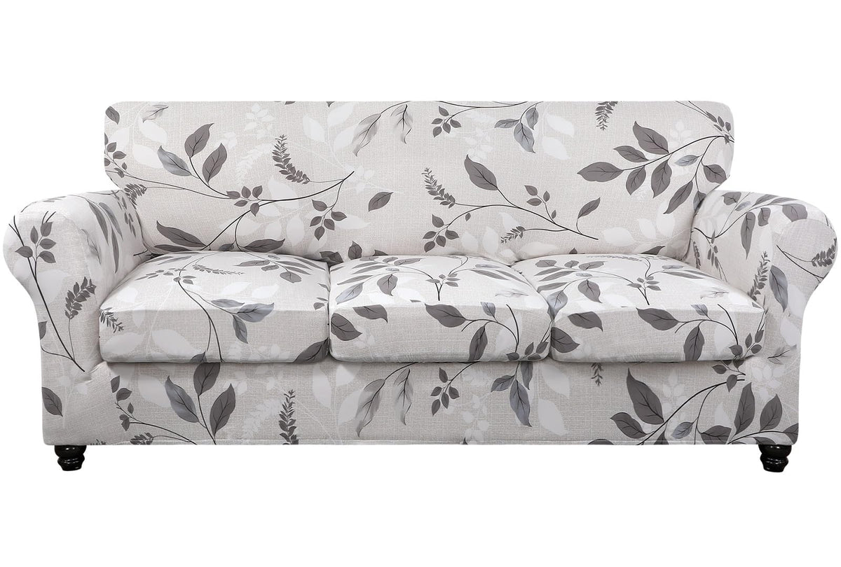 SearchI Stretch Sofa Cover Printed Couch Cover, Floral Pattern 4 Pieces Sofa Slipcover with 3 Separate Cushion Cover, Washable Furniture Protector for Living Room(Sofa, Yellow+Flower)