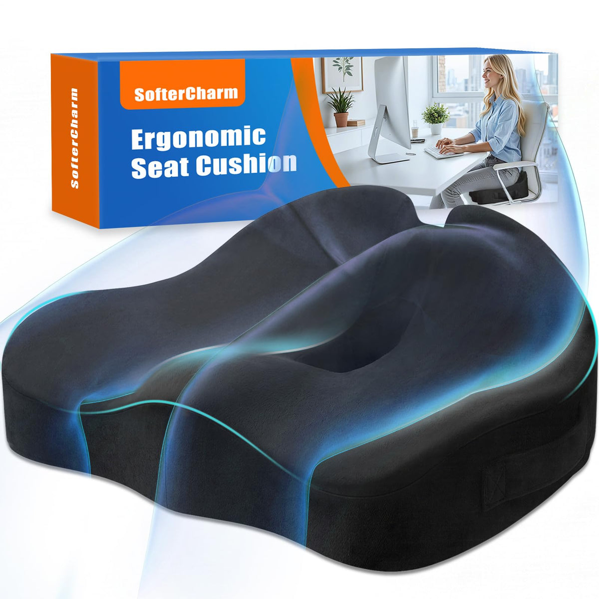 Memory Foam Seat Cushion for Office Chair & Car Seat, Black