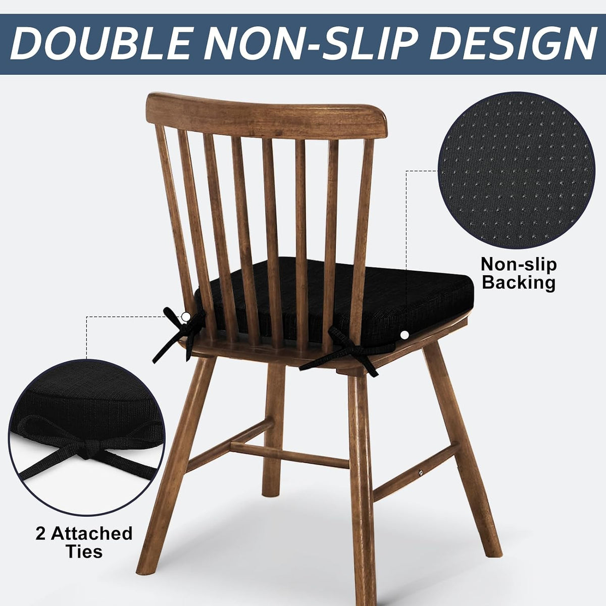 Basic Beyond Chair Cushions for Dining Chairs 4 Pack, Kitchen Chair Cushions with Ties and Non Slip Backing, 16 x 16 inches Chair Pads for Dining Chairs (Black)