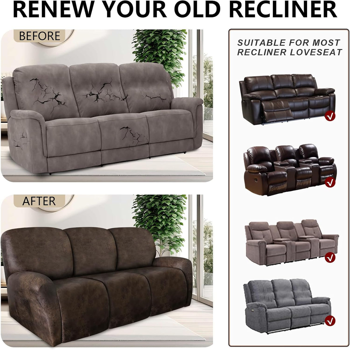 ANARACHON Leather Look Recliner Couch Cover 8-Piece Recliner Sofa Slipcovers 3 Seater for Reclining Couches Furniture Protector Spandex Fabric Washable (Recliner Sofa, Brown)